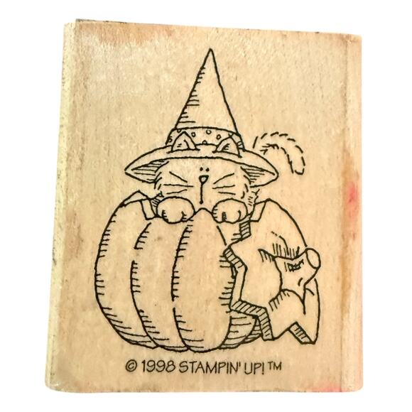 Stampin Up! Vintage 1998 Cat Hiding In Pumpkin Halloween Rubber Stamp - Picture 1 of 2